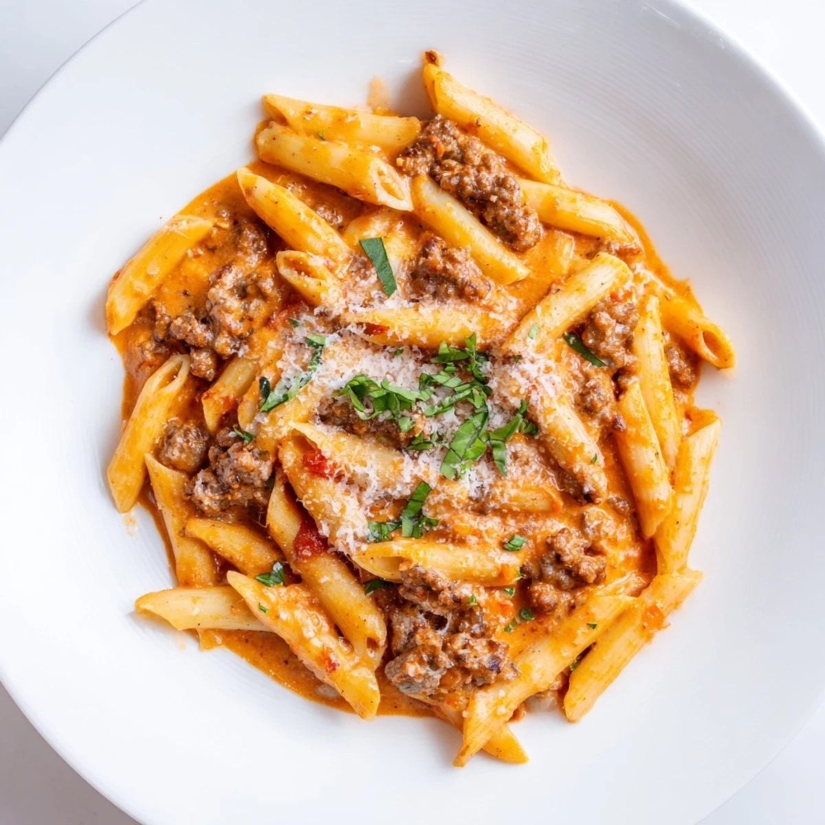 Creamy tomato and sausage pasta with penne, a luscious dish ready for your dinner table.