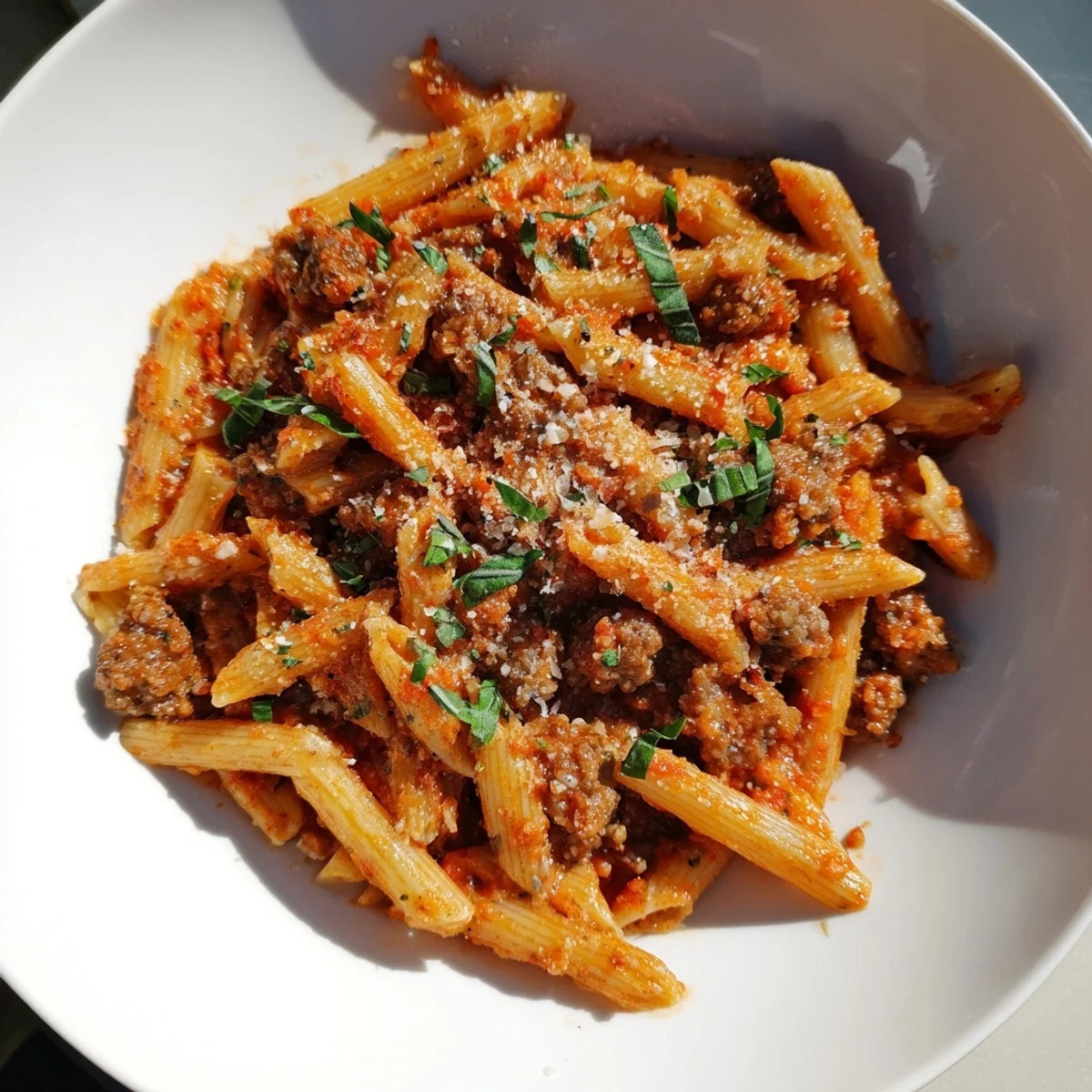 This Creamy Tomato and Sausage Pasta features a rich, savory aroma, perfect for feeding a crowd.