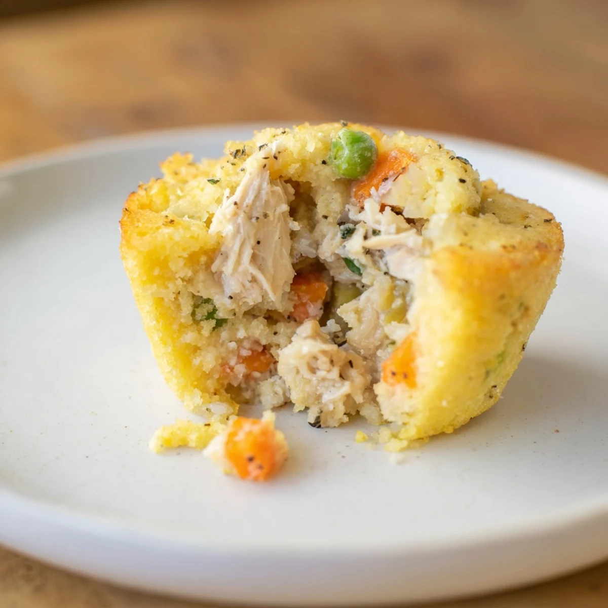 Golden-brown Chicken Pot Pie Cornbread Muffins, warm and savory, baked to perfection.