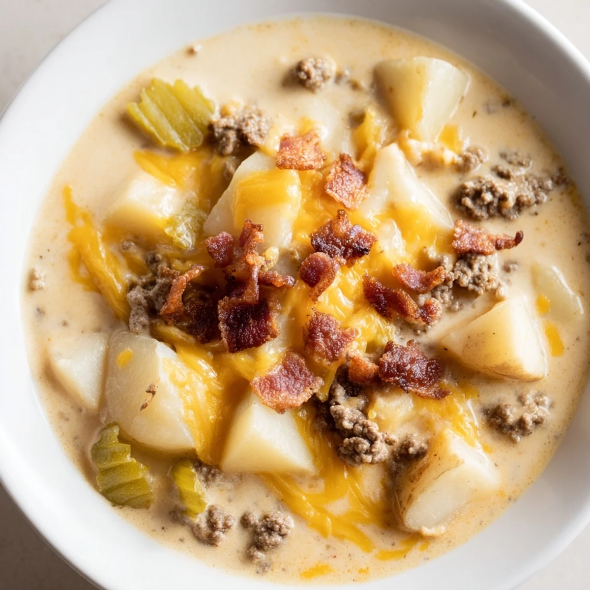 Steaming Crockpot Cheeseburger Soup: a rich, creamy soup with visible pieces of cooked ground beef and melted cheese.