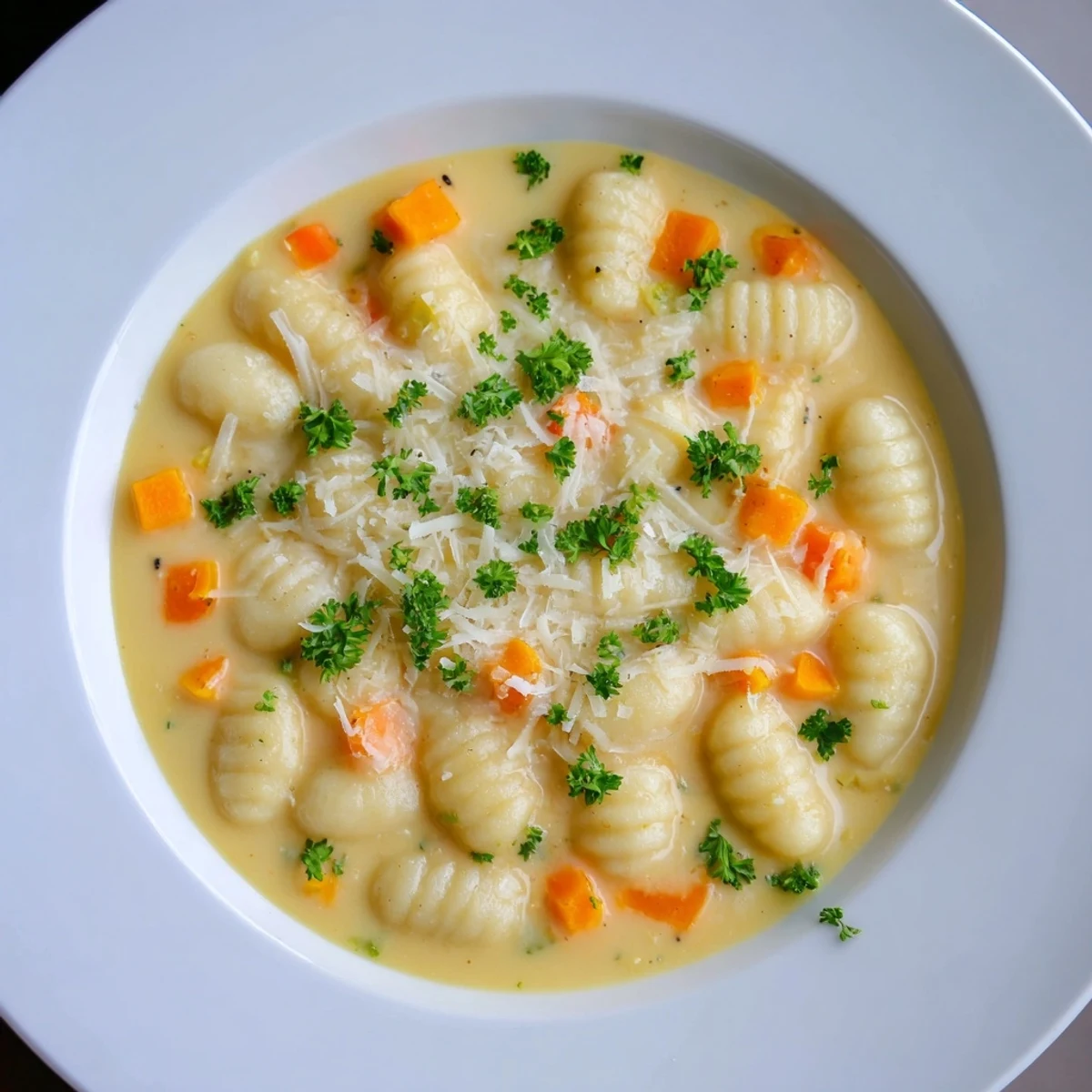 Steaming bowl of Savory Butternut Squash Gnocchi Soup, garnished with Parmesan and fresh parsley.
