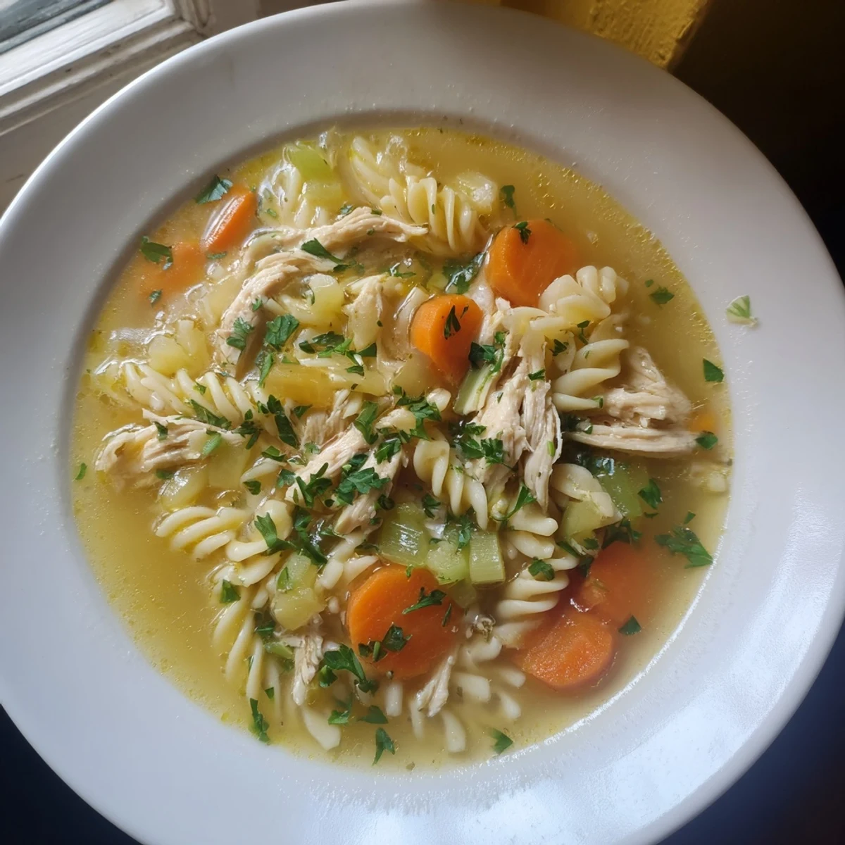 Steaming bowl of Crockpot Chicken Noodle Soup: a comforting American classic with tender chicken and noodles.