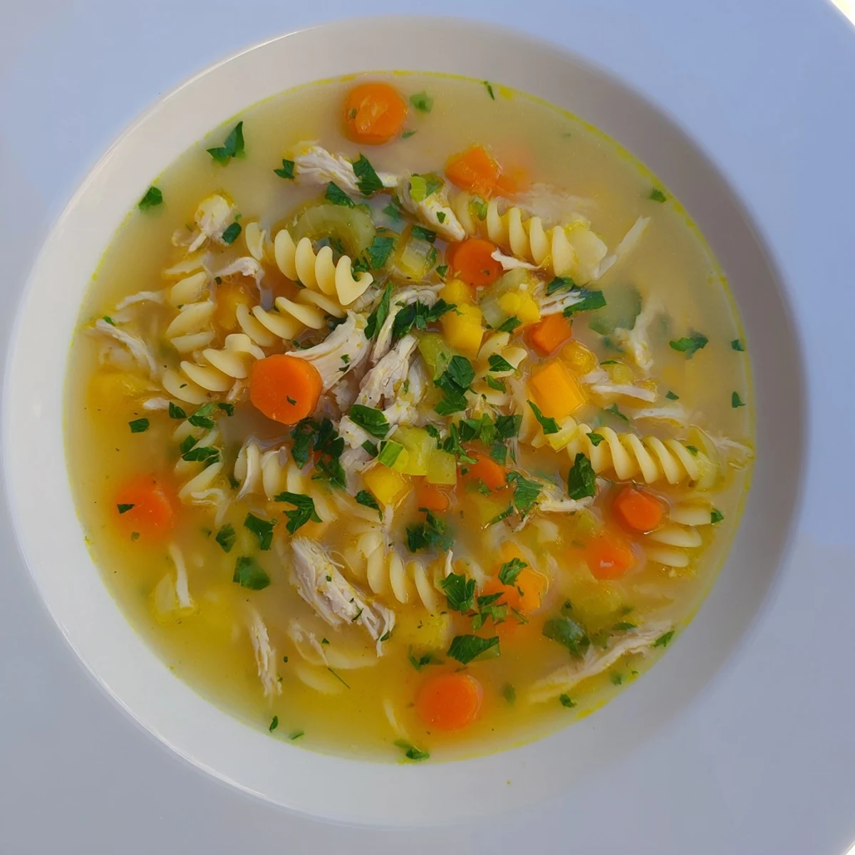 A hearty serving of Crockpot Chicken Noodle Soup, brimming with carrots, celery, and flavorful broth.