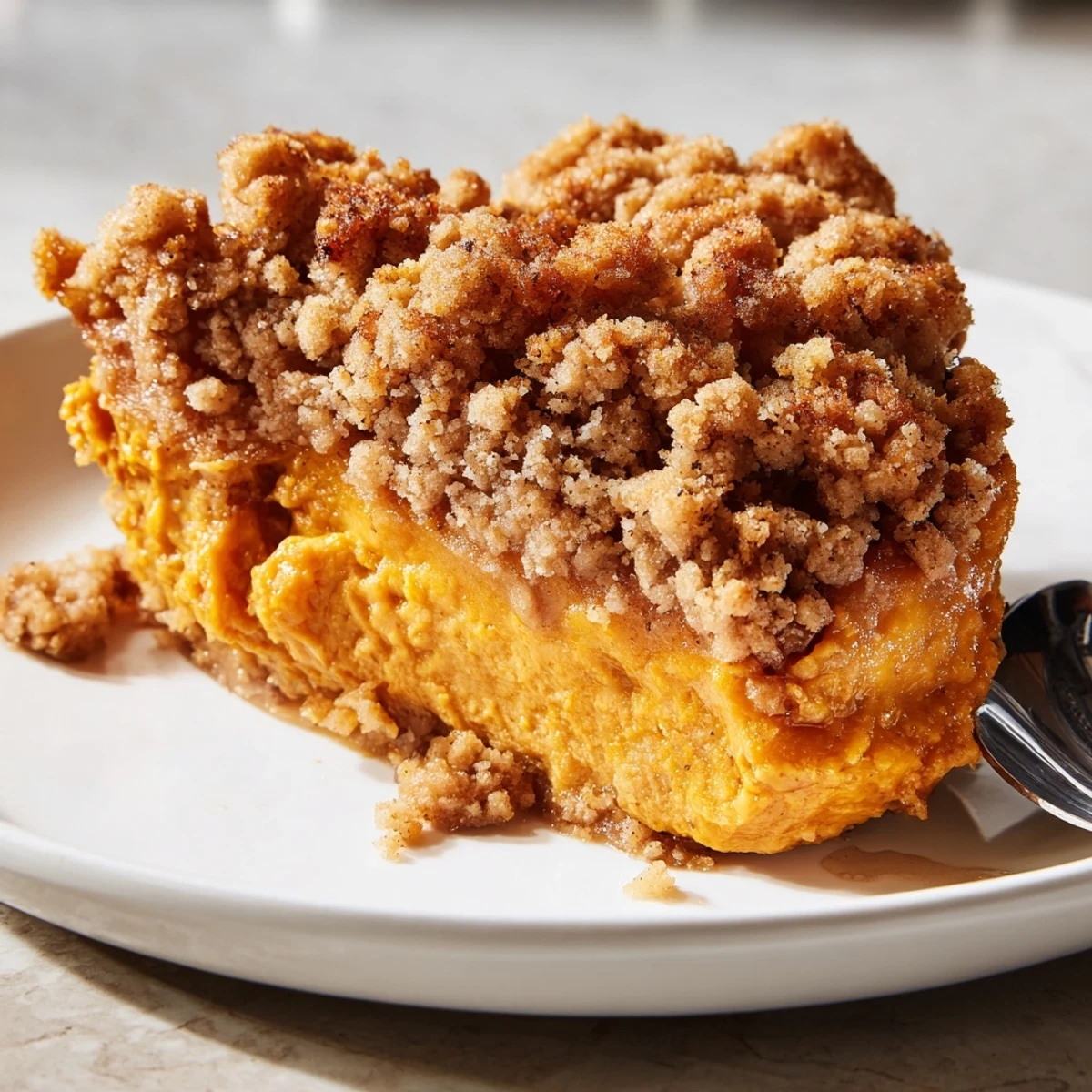 A warm, comforting slice of homemade pumpkin crisp with a buttery, cinnamon-spiced crumble topping.