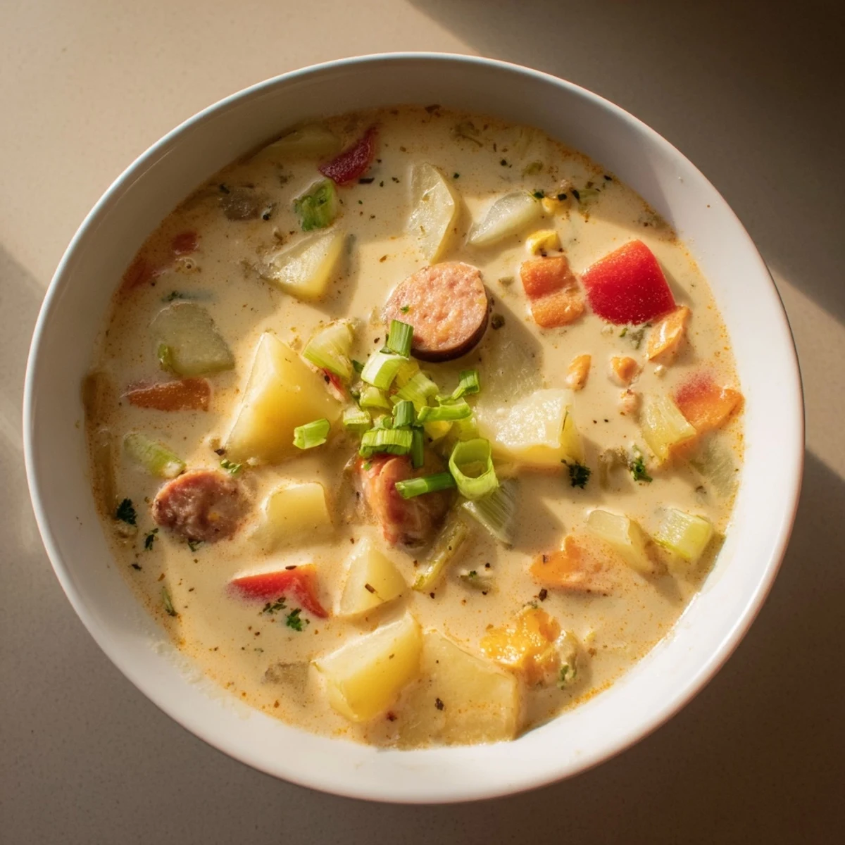 Creamy Slow Cooker Cajun Potato Soup with tender potatoes and vibrant vegetables, perfect for a cozy dinner.
