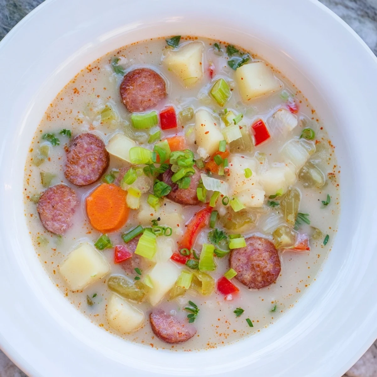 A close-up view of flavorful Slow Cooker Cajun Potato Soup, highlighting the creamy texture and delicious spices.