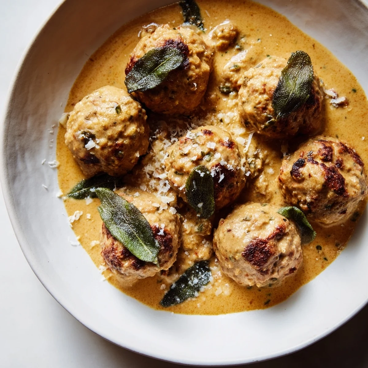 Image of a cozy plate of turkey meatballs with pumpkin sage sauce, perfect for fall.