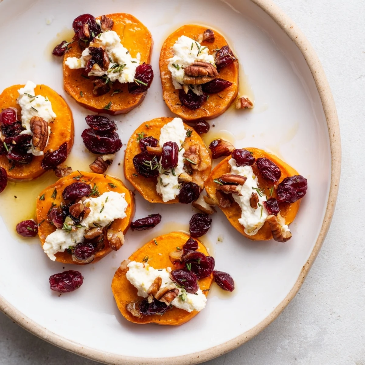 Savory Express Holiday Sweet Potato Rounds, showcasing roasted sweet potatoes adorned with festive toppings.