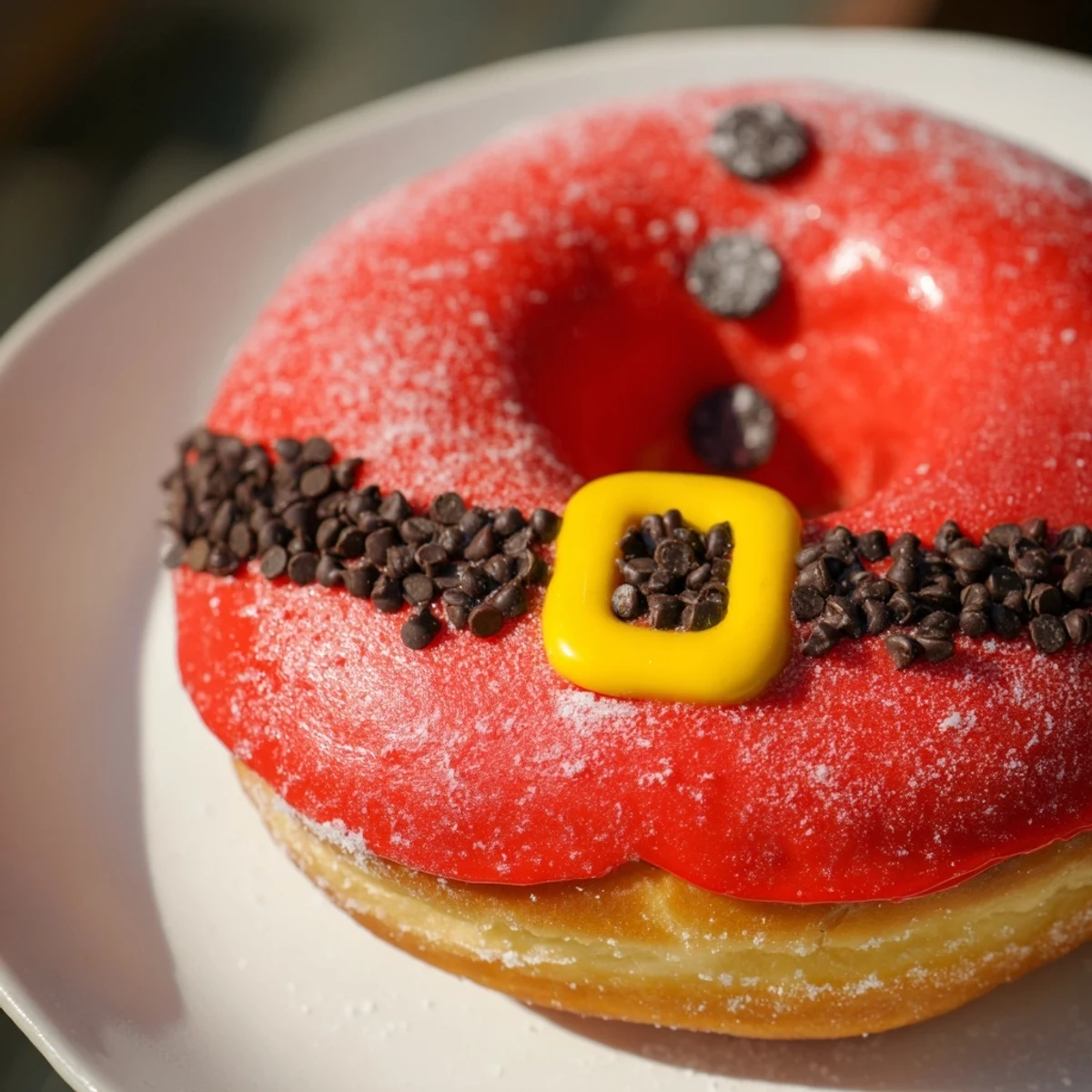 Homemade Santa Belly Donuts, with a rich red glaze, featuring chocolate belts, and bright yellow buckles.