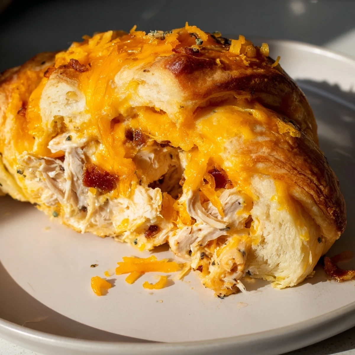 Close-up of flaky, oven-fresh Cheesy Chicken and Bacon Crescent Rolls; a perfect snack idea.