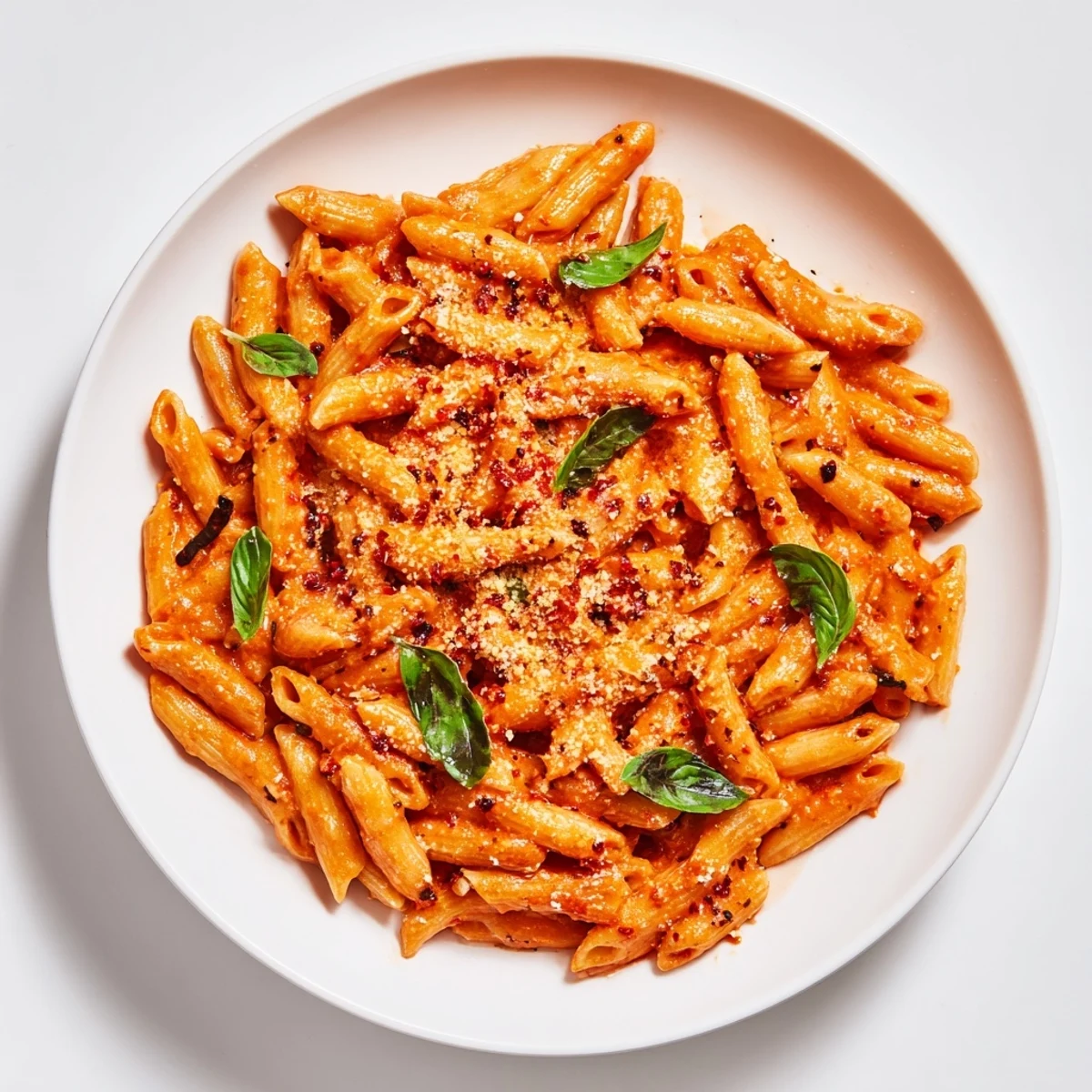 Creamy, vibrant Spicy Vodka Sauce Ditalini with fresh basil and Parmesan, ready to eat.