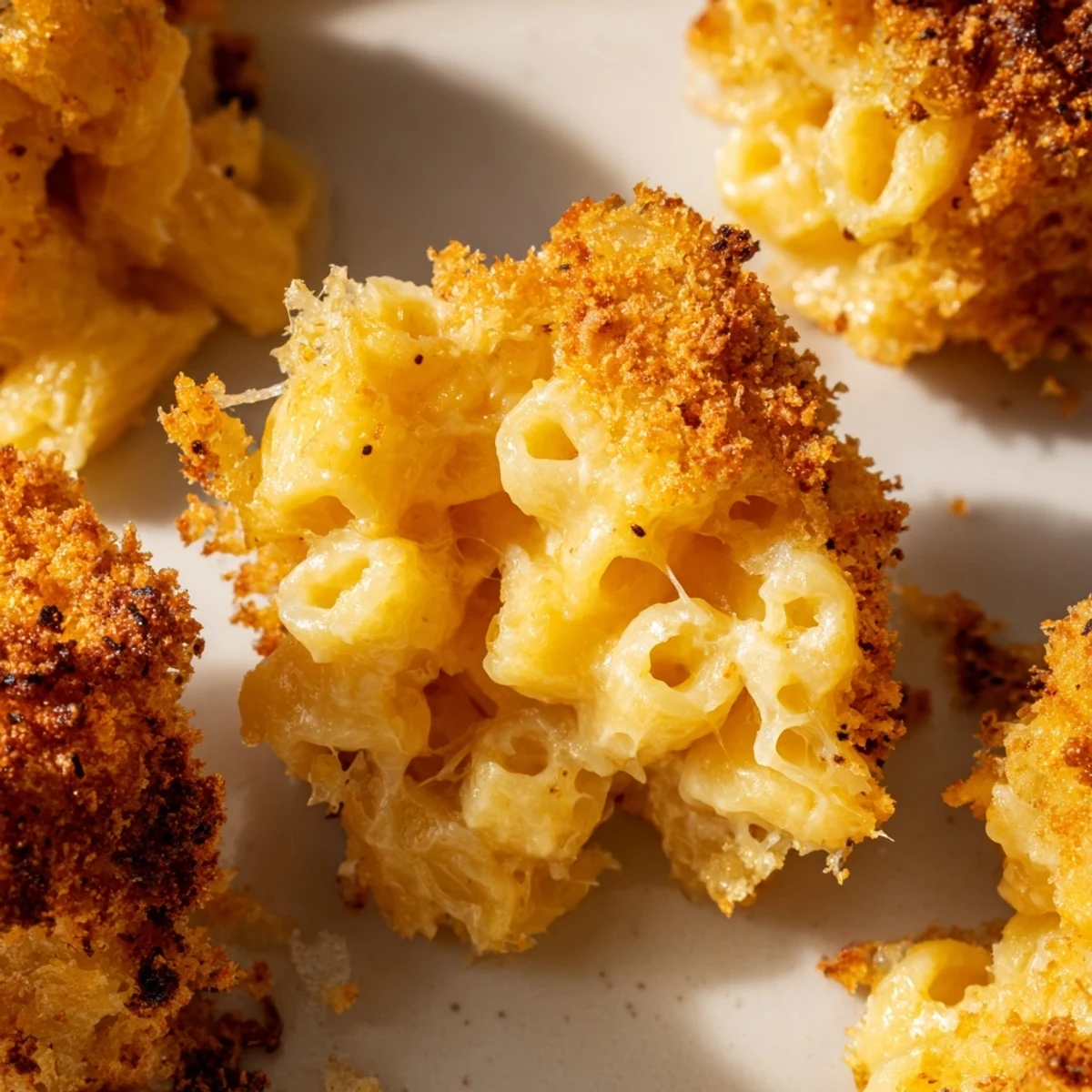 Golden-brown ditalini mac and cheese bites, a crispy appetizer with creamy, cheesy interiors.