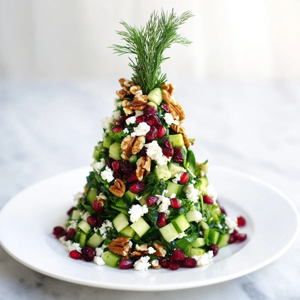 Holiday-themed Cranberry & Feta Cheese Tree Dip Salad with crumbled feta, cranberries, and crunchy nuts, ready to serve.