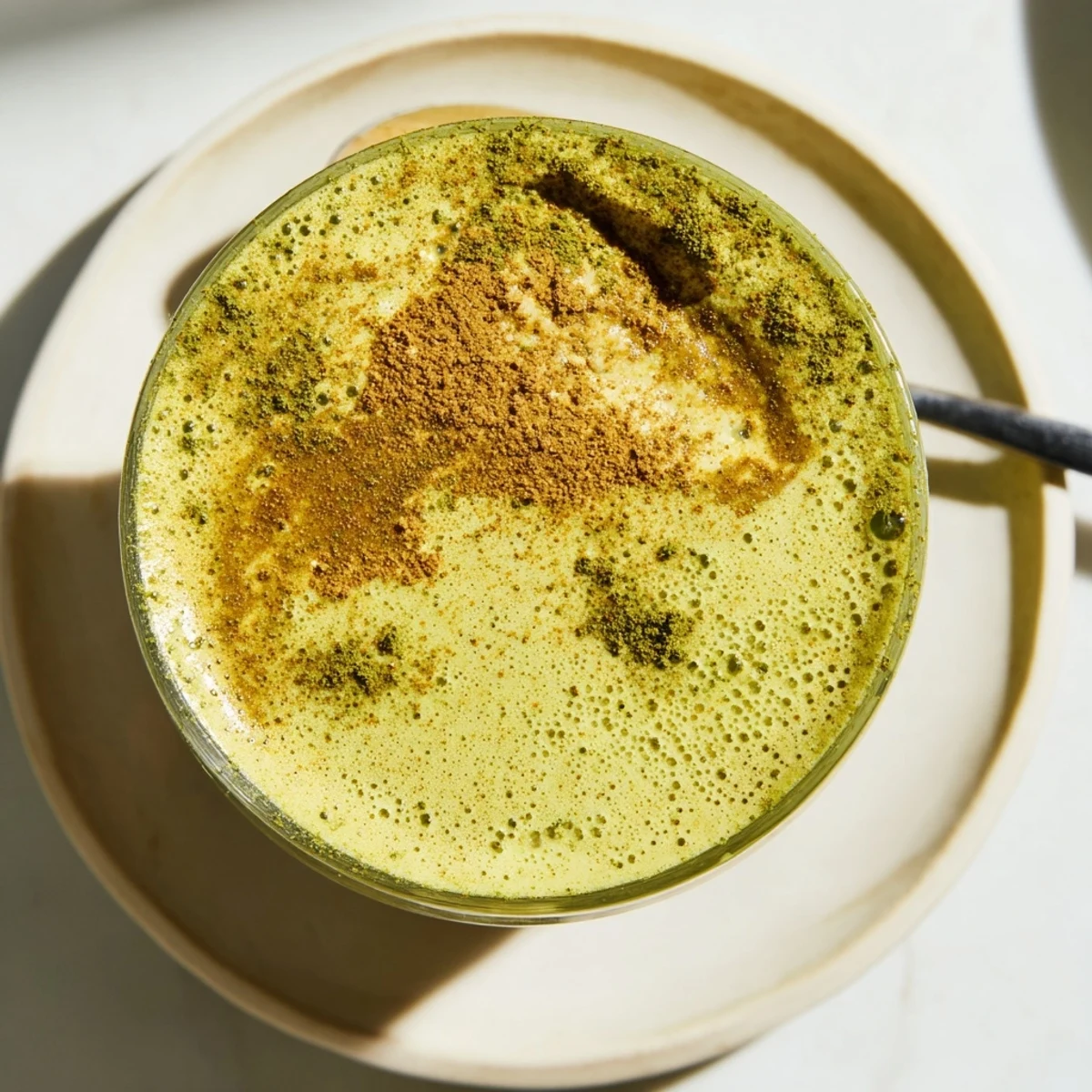 Creamy matcha snickerdoodle protein shake, a healthy and delicious breakfast choice, ready in five minutes.