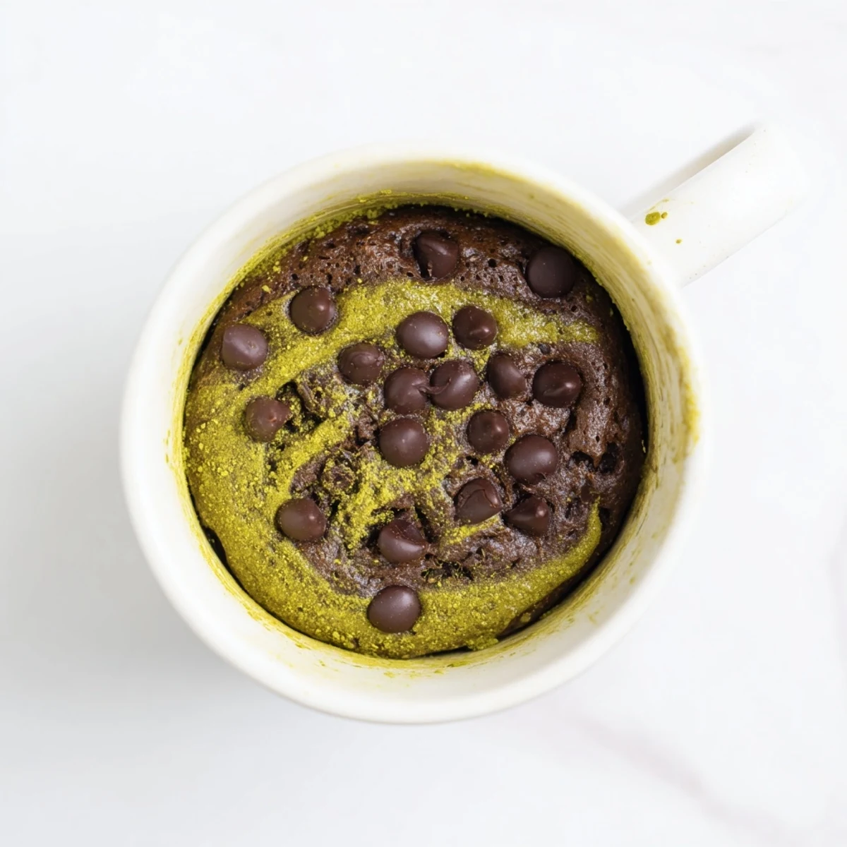 Steaming Matcha Peppermint Brownie Batter Mug Cake, a quick, single-serve dessert, rich and chocolatey.