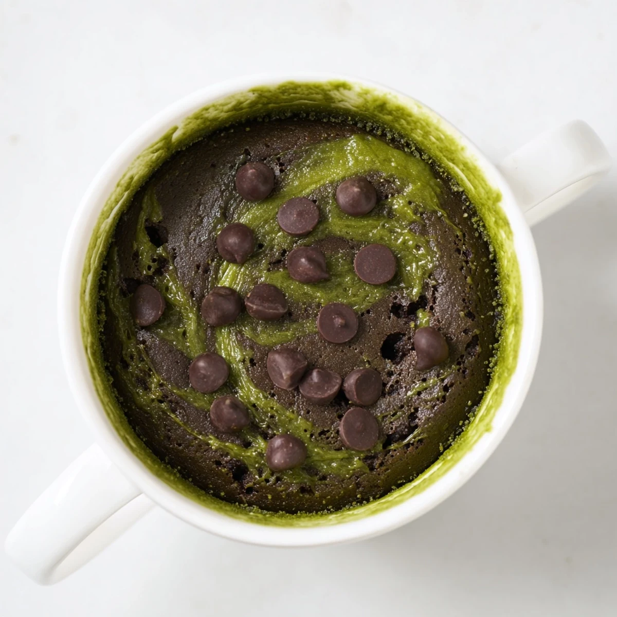 This fudgy Matcha Peppermint Brownie Batter Mug Cake steams until warm, perfect for a cozy treat.