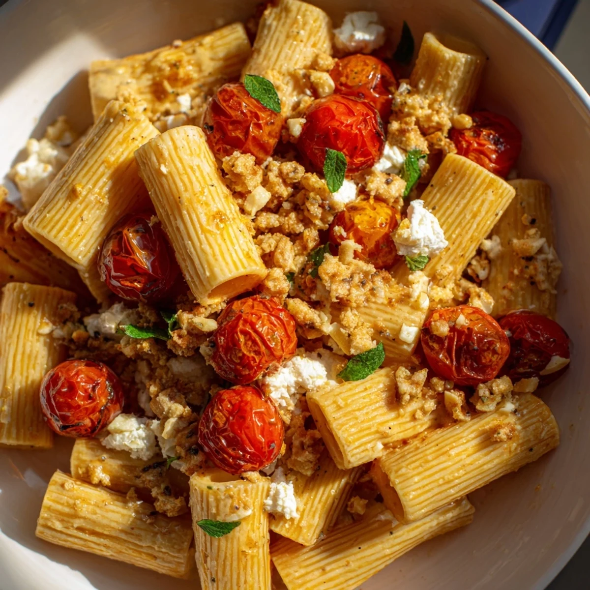 Baked Goat Cheese Snowflake Tomato Basil Pasta with creamy sauce, ready to serve and enjoy.