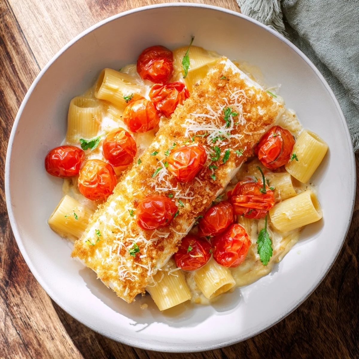 Golden-topped Baked Goat Cheese Snowflake Tomato Basil Pasta, with blistered tomatoes and fresh basil.