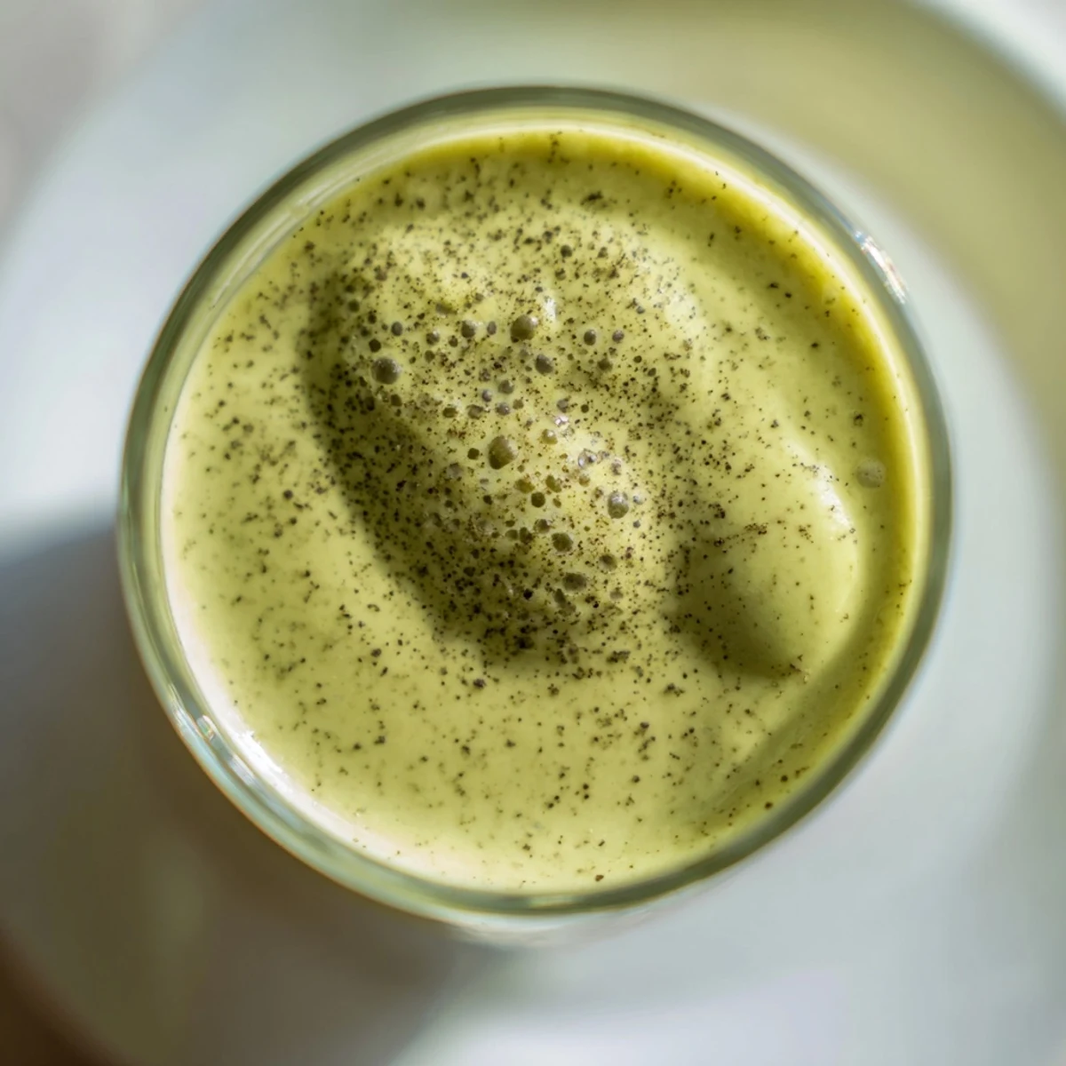 A thick and vibrant Matcha Eggnog Collagen Breakfast Smoothie, blending holiday flavors in a glass.
