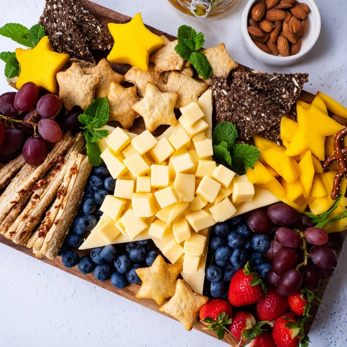 A vibrant Shooting Star Snack Board with cheeses, fruits, and crackers perfect for a party.