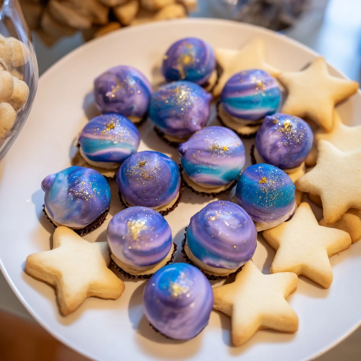 A dazzling Stargazers Dessert Platter, featuring star-shaped shortbread and galaxy mousse ready to be enjoyed.