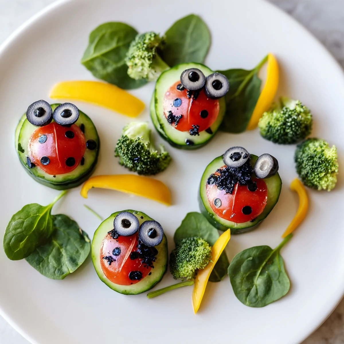 Vibrant Ladybug Garden Platter appetizer, a colorful garden scene with cherry tomato ladybugs on fresh cucumbers.
