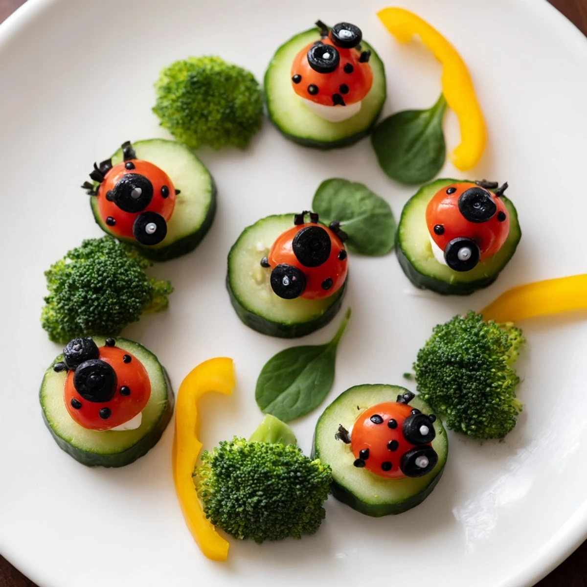 Cheery Ladybug Garden Platter, a delightful arrangement of veggie ladybugs, perfect for a picnic spread.