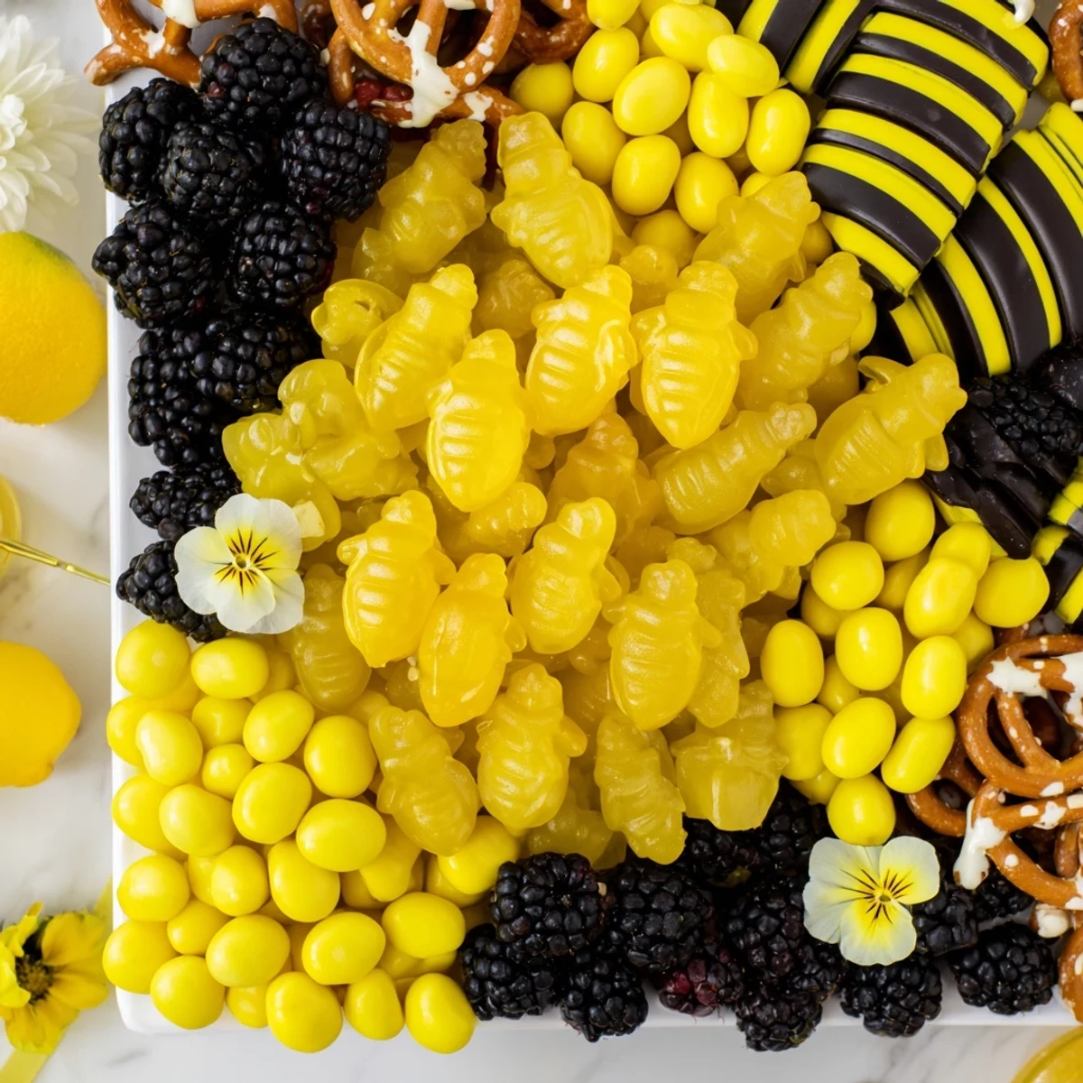 A visually stunning bumblebee candy board bursting with colorful gummies and fresh berries for a treat.