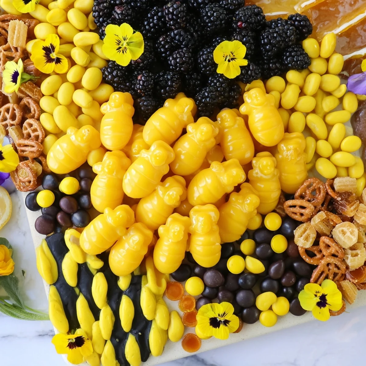 Close-up of a delightful bumblebee candy board featuring a mix of yellow and black treats and honey sticks.