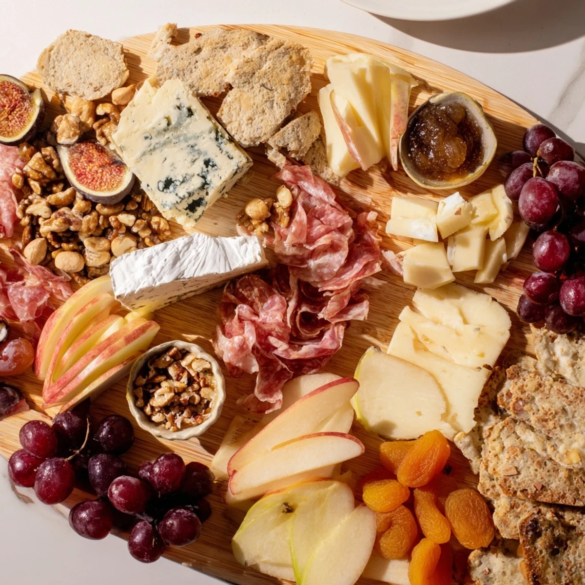 Delectable 2026 Wine Pairing Board overflowing with cheeses, charcuterie, fruits, and crackers for sharing.