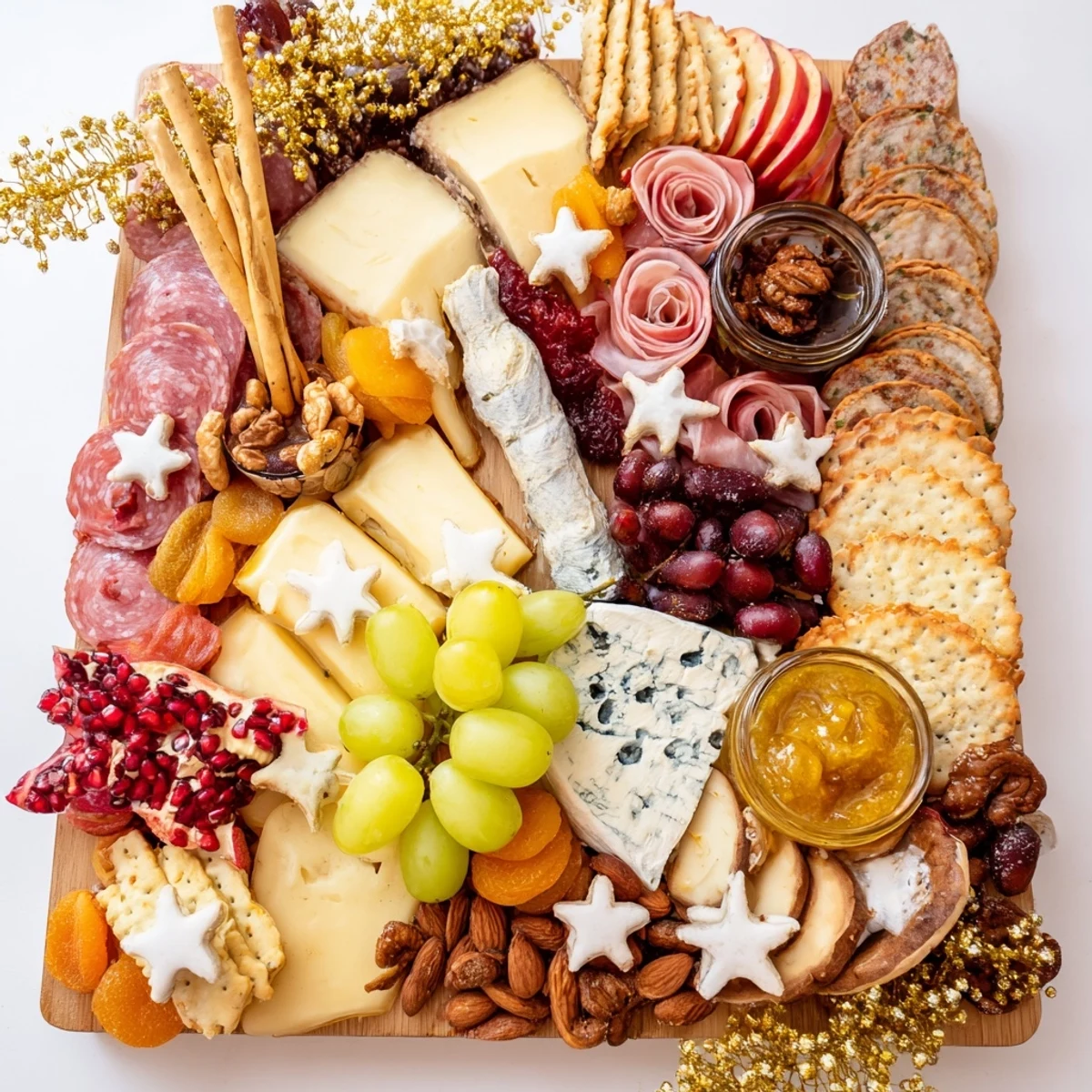 A festive Shining Bright Christmas 2025 Board overflowing with cheeses, meats, and colorful fruits, perfect for sharing.
