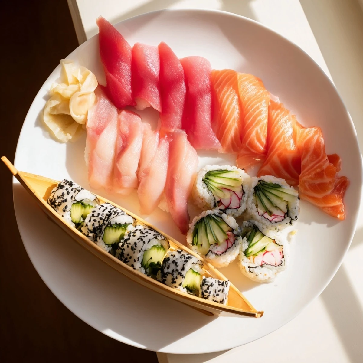 Sail Away Boat-Shaped Sushi Platter: A vibrant display of sushi rolls and sashimi, perfect for a special meal.