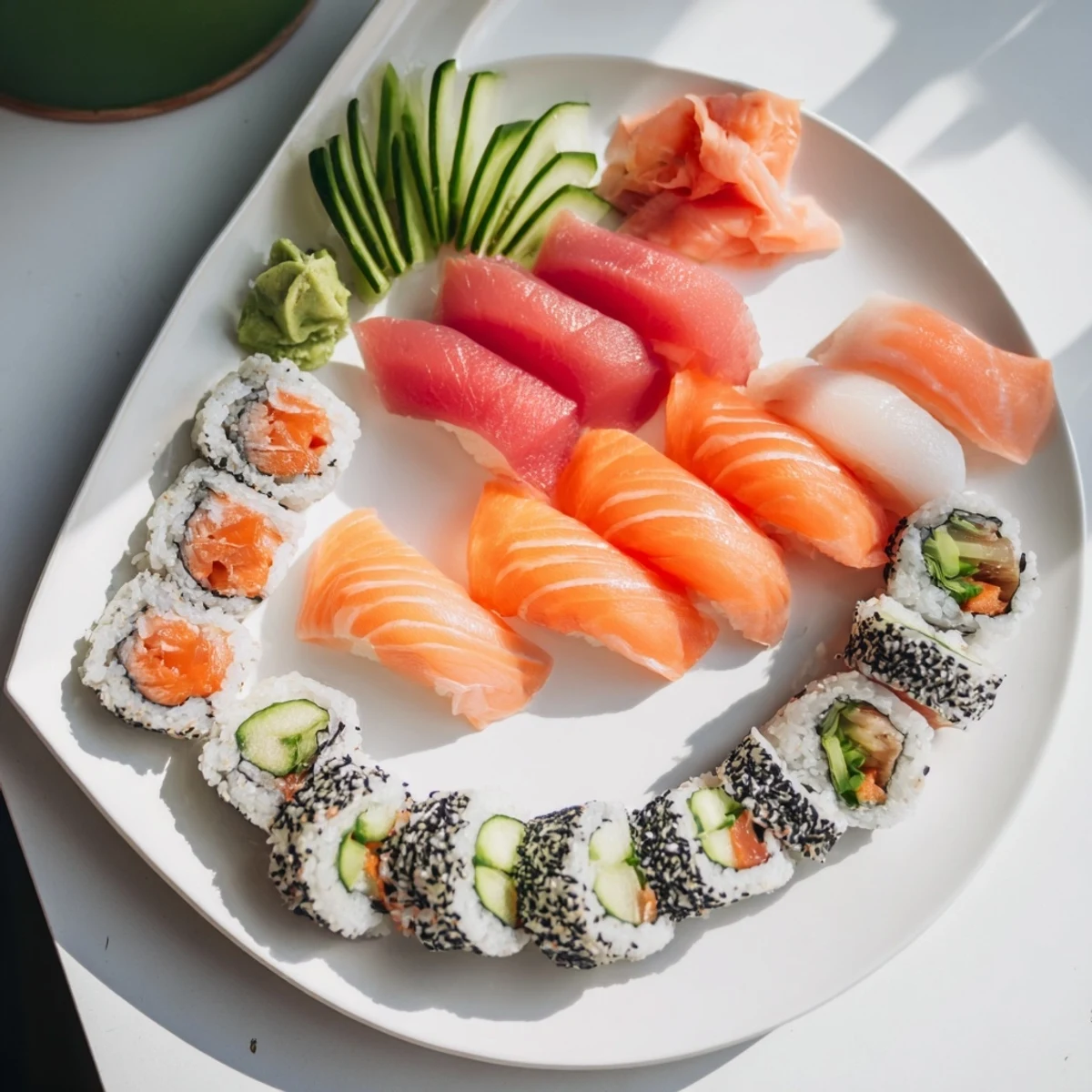 Beautiful Sail Away Boat-Shaped Sushi Platter with precisely arranged slices of tuna and salmon ready to taste.