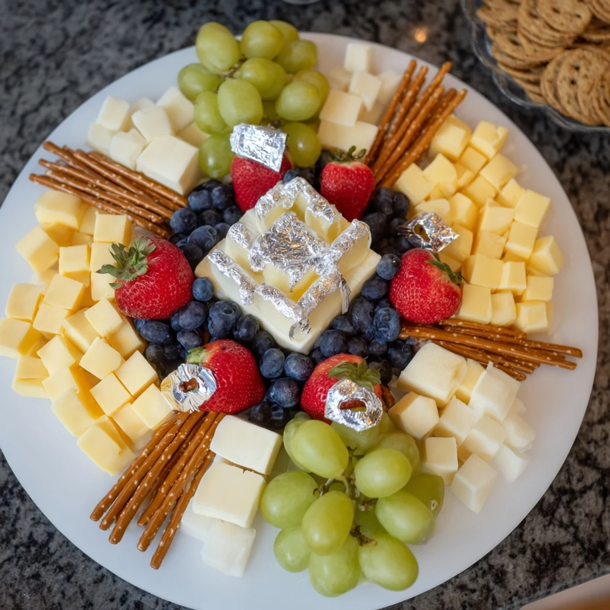 Engagement Party Diamond Ring Board: a stunning appetizer platter featuring cheese, fruit, and sweet treats.