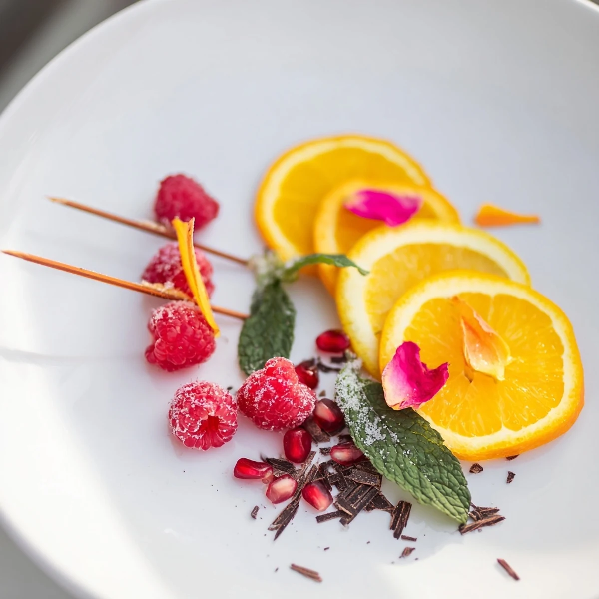 Close-up of elegant Baisers de Minuit cocktail garnishes with vibrant fruit and dark chocolate shavings.
