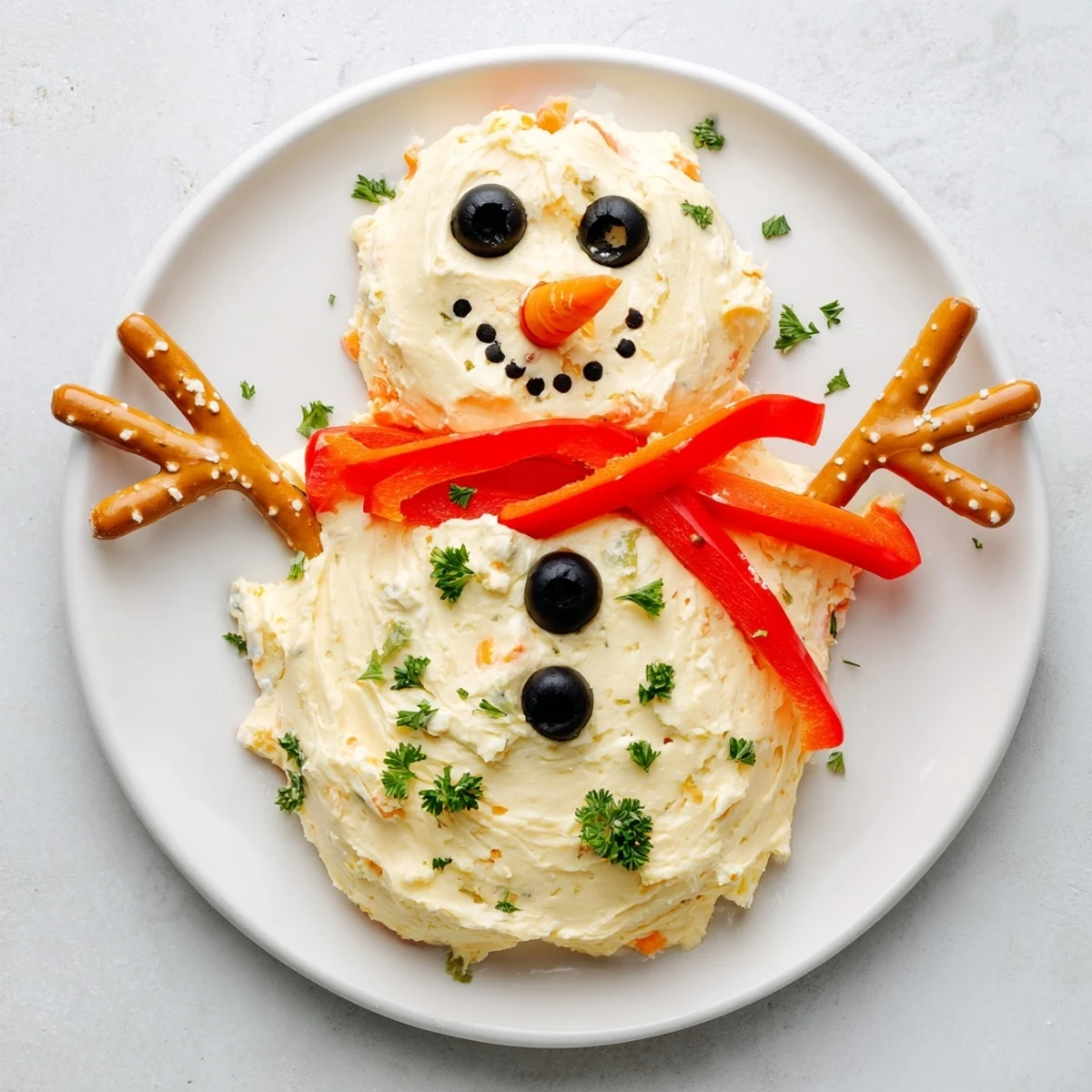 Melted Snowman Dip Bowl offers a cheerful scene, creamy white, with olive eyes and carrot nose.