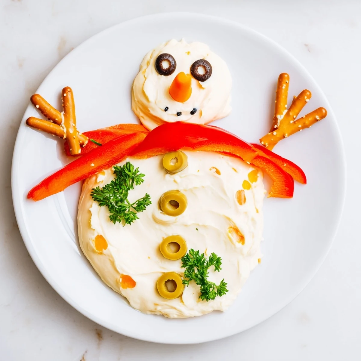 A whimsical Melted Snowman Dip Bowl, ready to serve with dippers, showcasing a festive appetizer's charm.