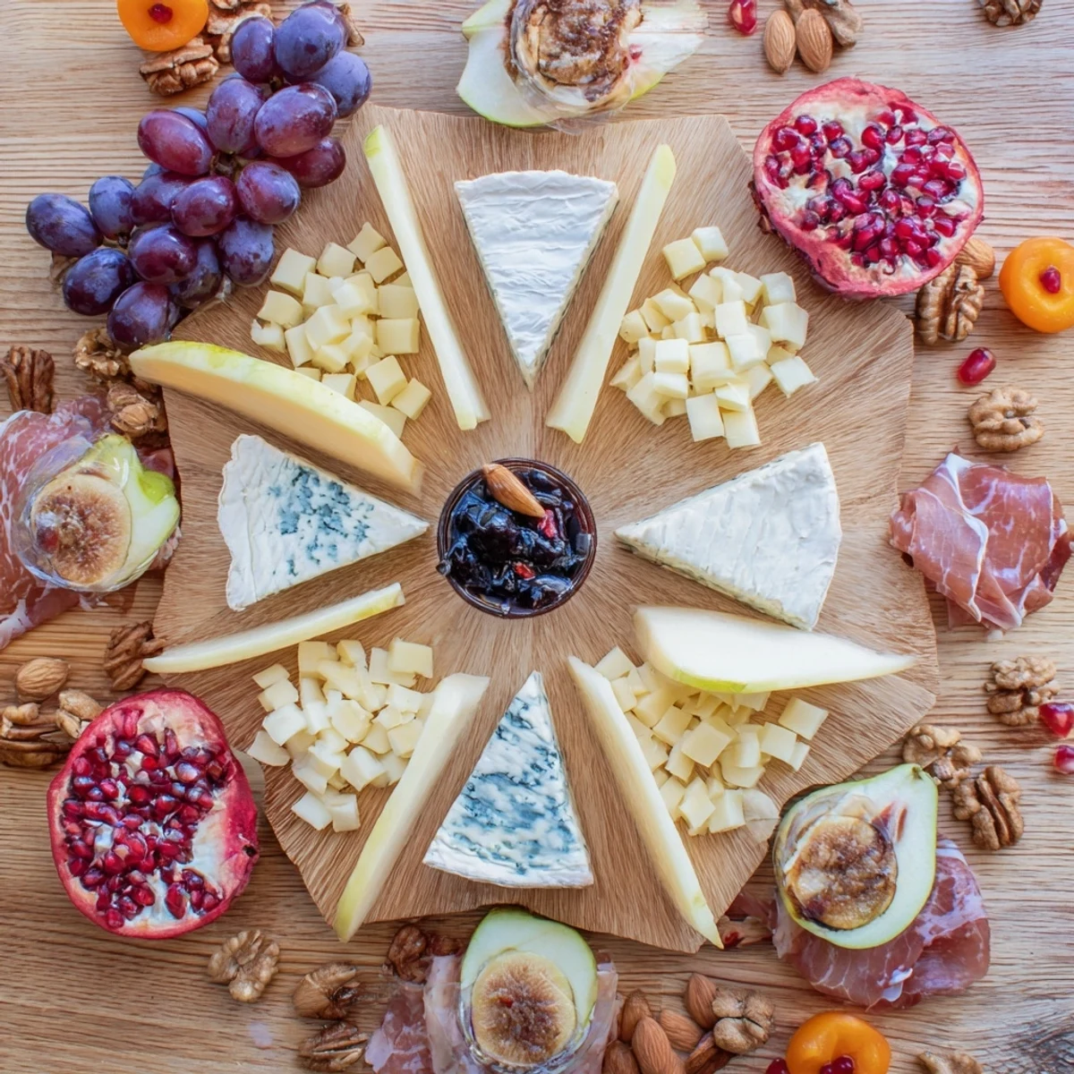 Éclat d’Étoiles Planche de Noël: A starburst charcuterie board with cheeses, meats, fruit, and nuts, ready to serve!