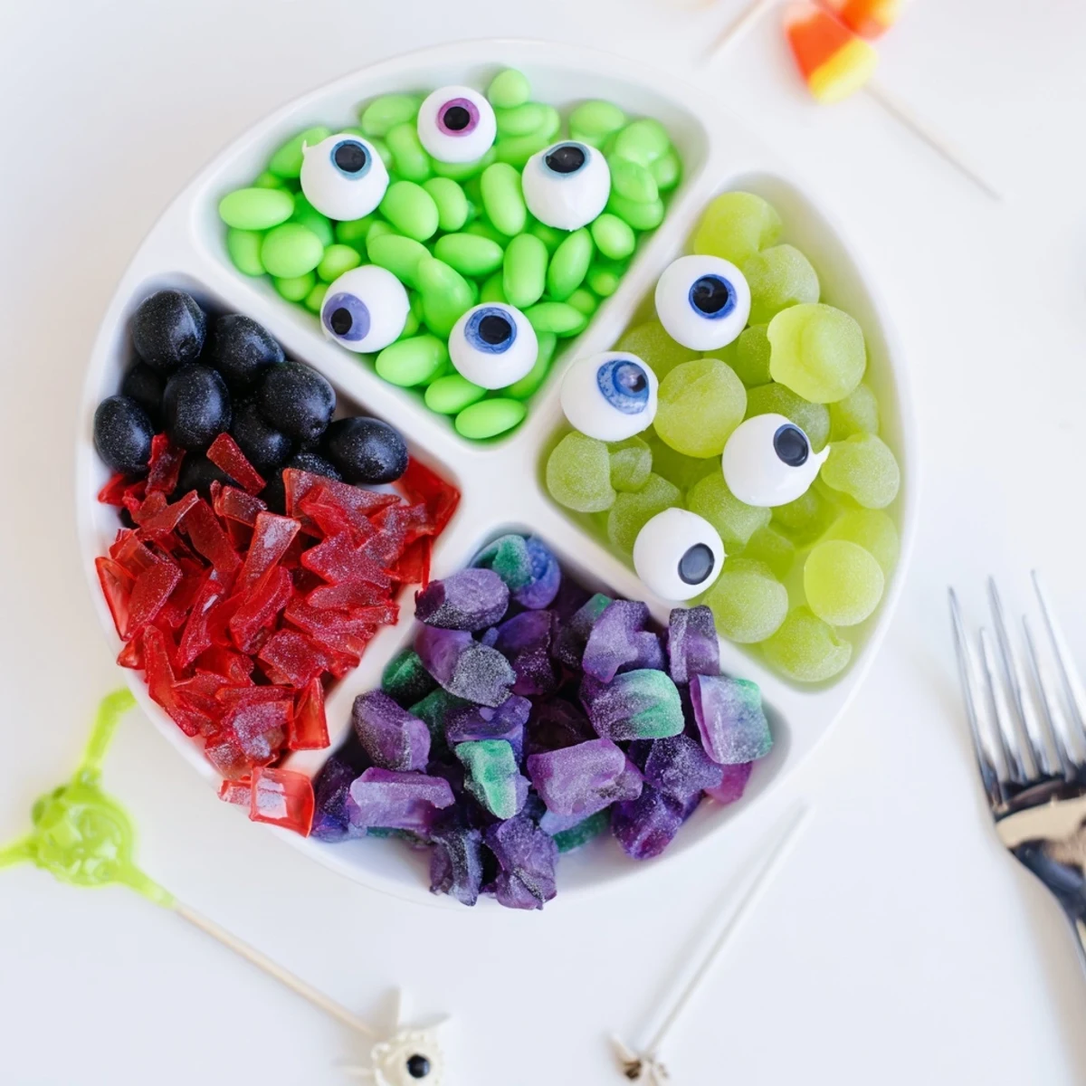 A vibrant Poison Apple Candy Platter, brimming with green apple candies and purple treats for Halloween.