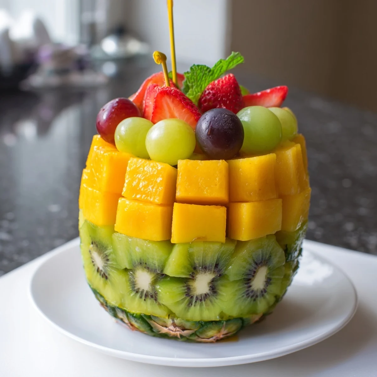 Bright and juicy Tropical Pineapple Fruit Boat, a delicious summer dessert with vibrant kiwi and mango.