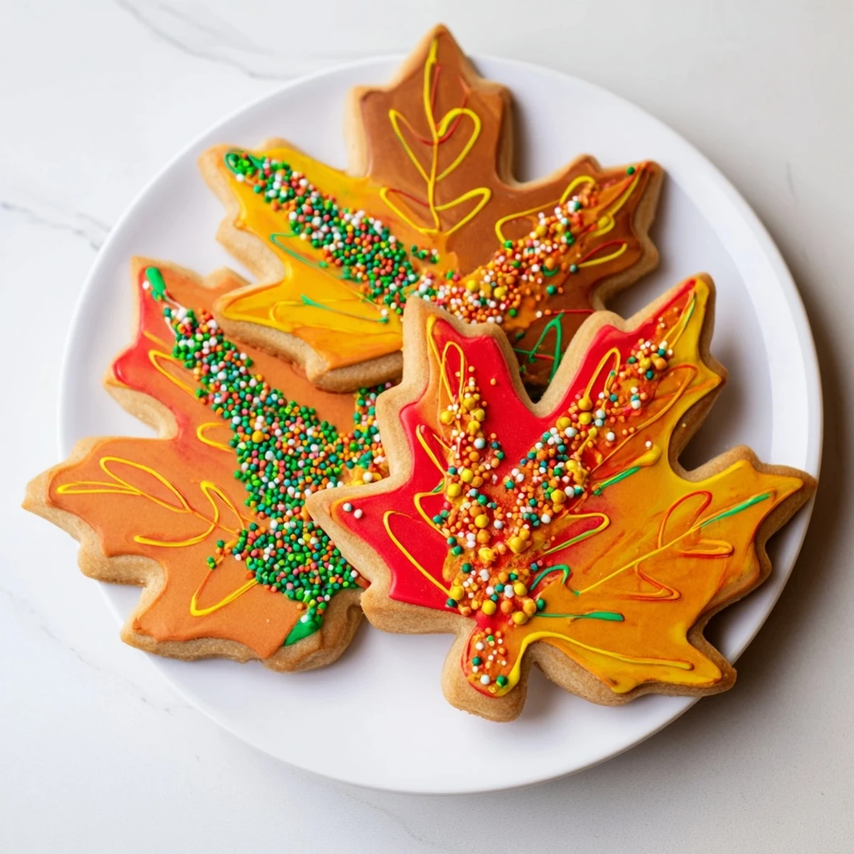Brightly decorated maple leaf cookies from a decorating kit, perfect for a fall dessert project.