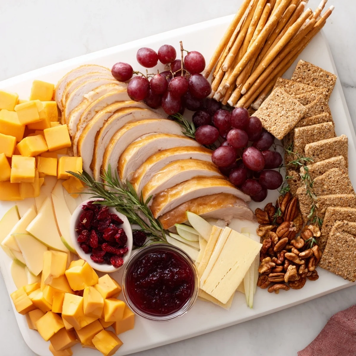 A tempting Thanksgiving Turkey Cheese and Cracker Board featuring cheddar, gouda, crackers, and mustard alongside fresh rosemary.