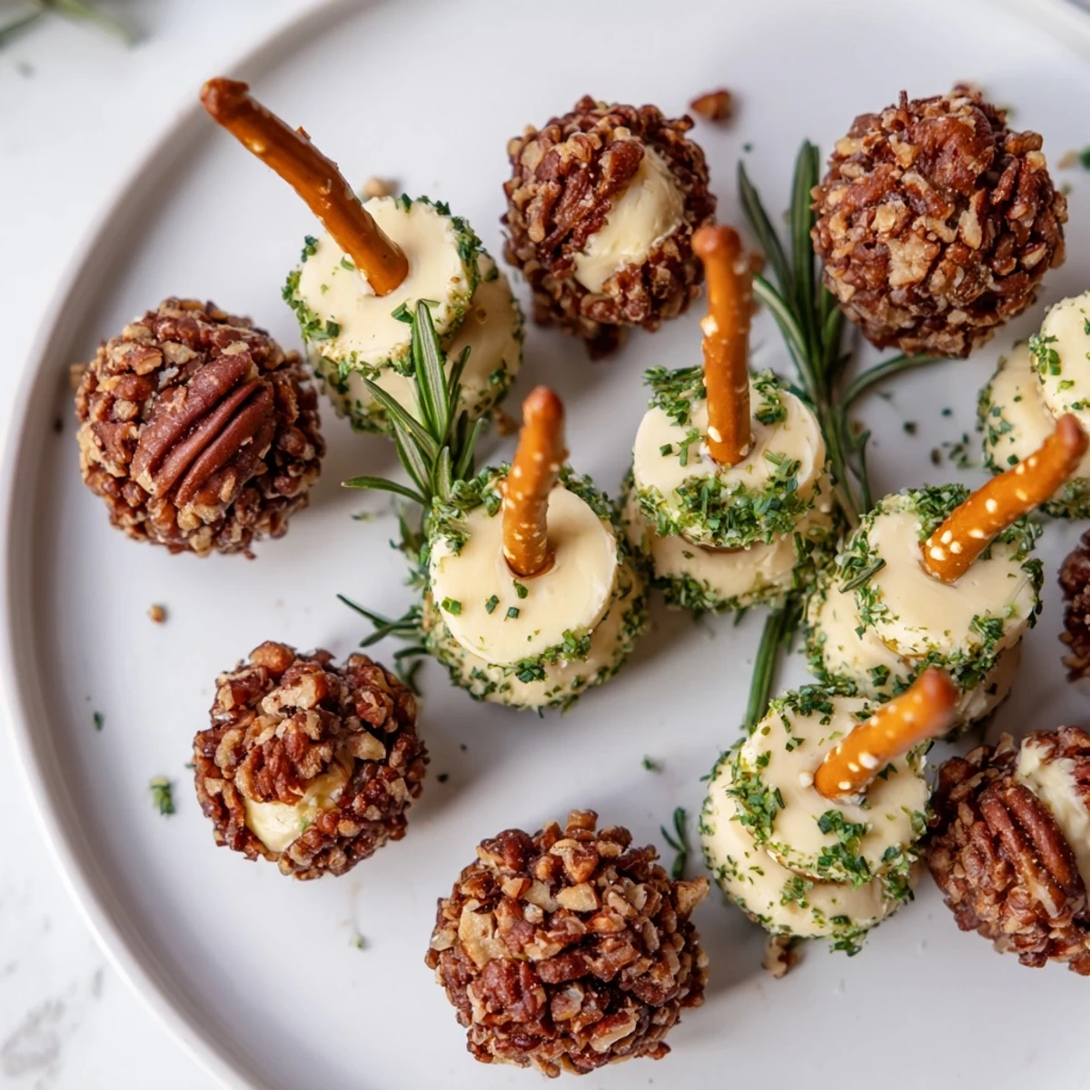 Acorn-shaped cheese ball bites, savory appetizer dusted with pecans and herbs, ready for fall entertaining.
