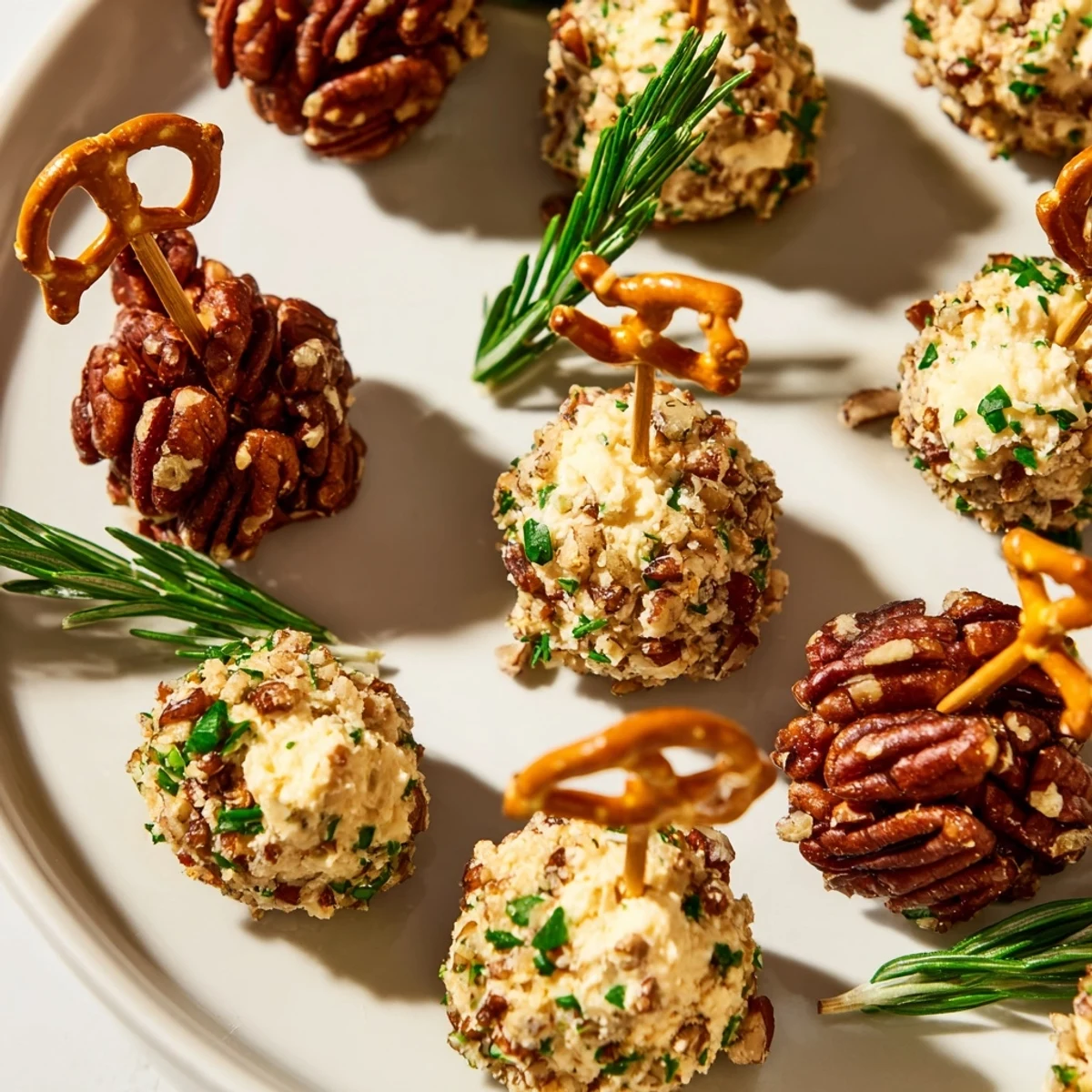These savory acorn cheese ball bites, featuring pecans, parsley, and pretzel stems, look absolutely divine.