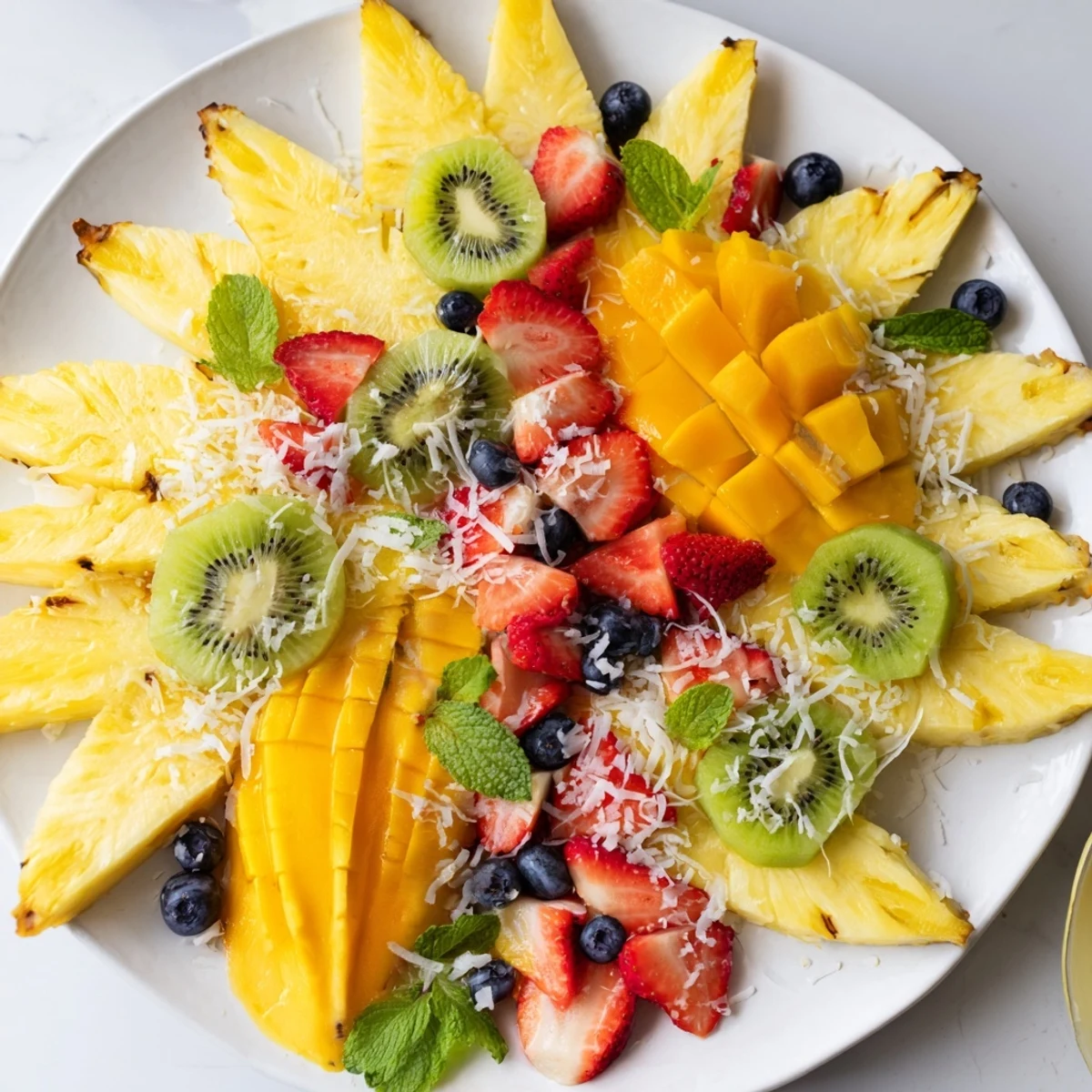 A refreshing close-up of the Tropical Pineapple Sun Fruit Platter, with glistening lime juice and coconut.