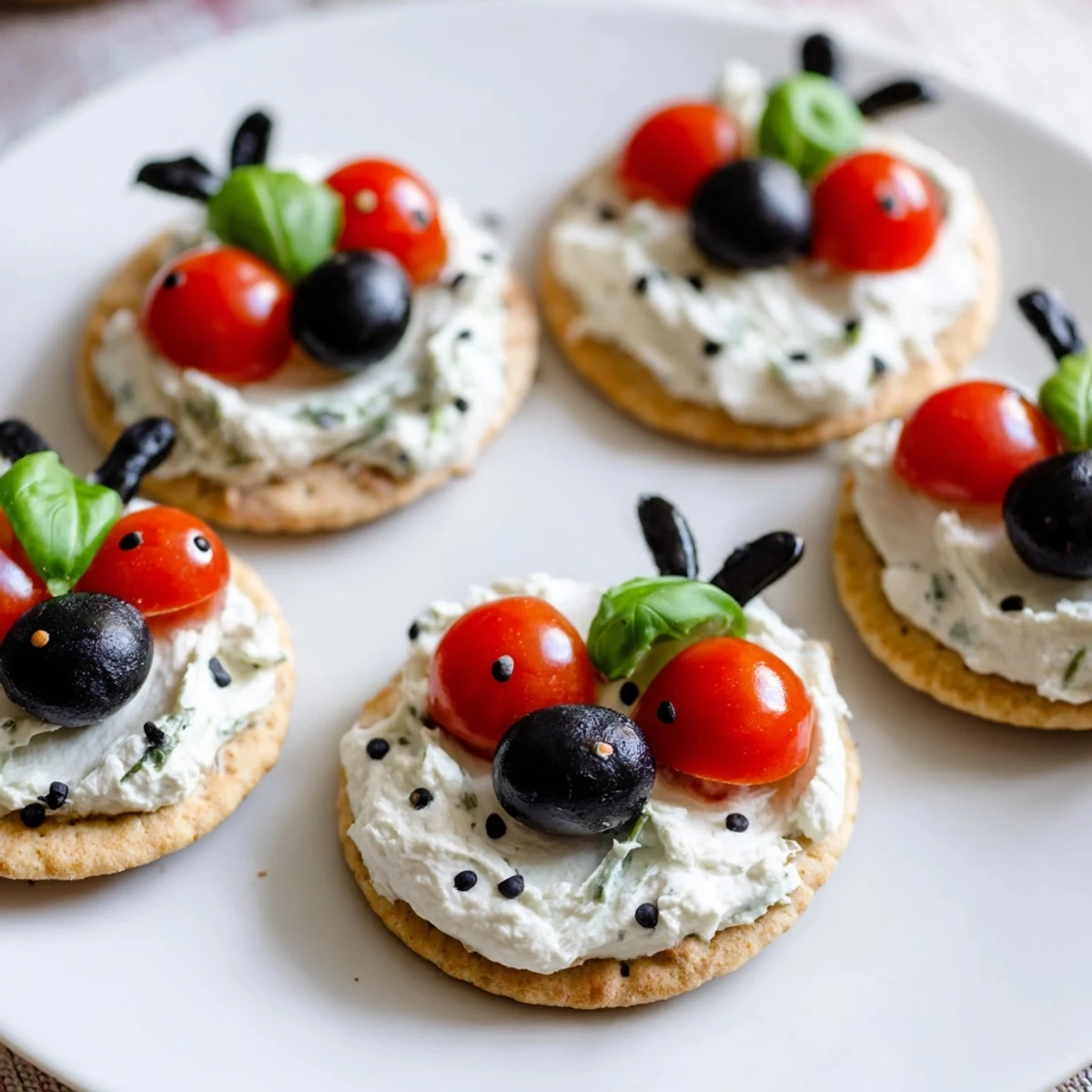 Garden Snacks: Ladybug Tomato & Olive Bites atop the crackers, ready for an easy, healthy appetizer.
