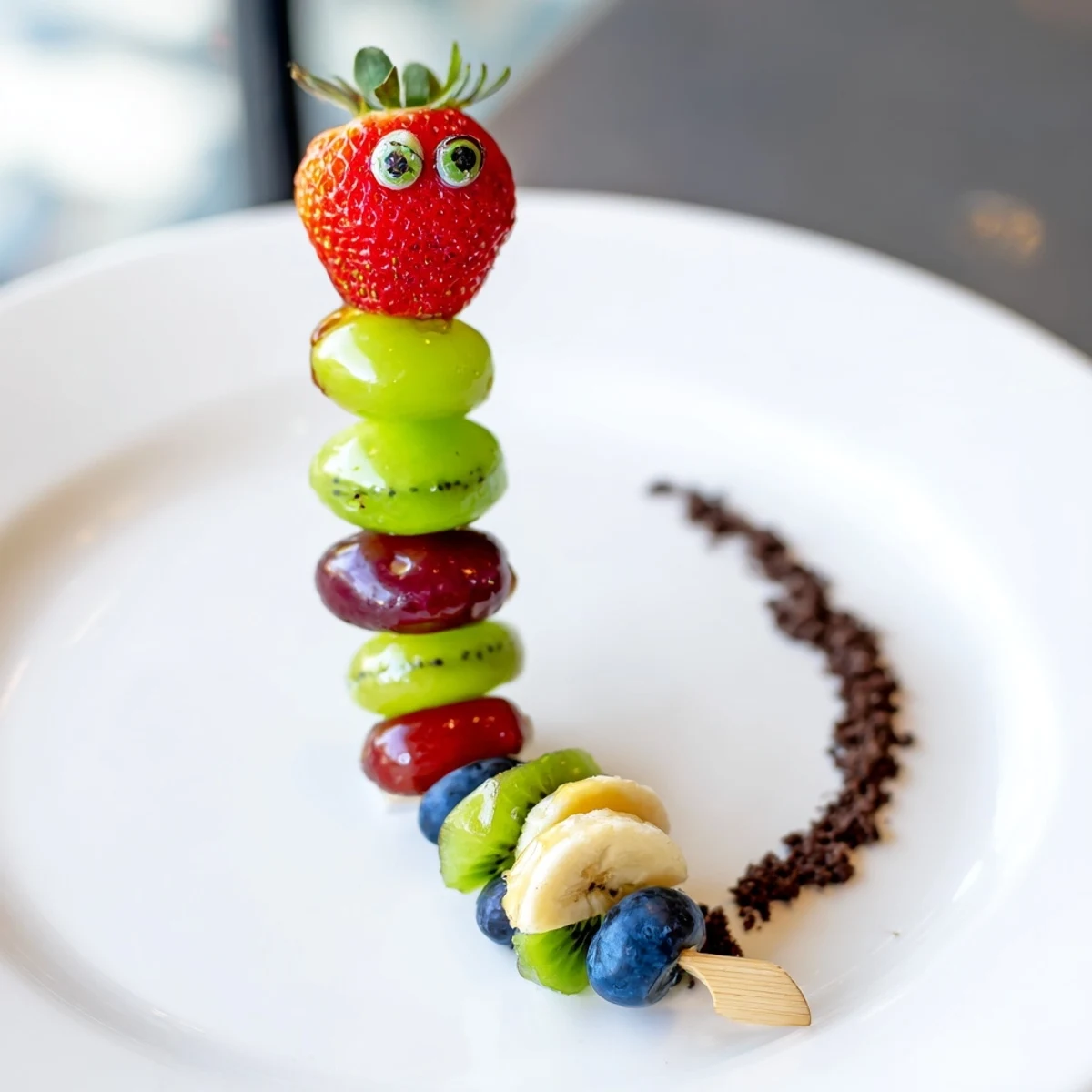 A close-up of a delightful Caterpillar Fruit Skewer Track, a healthy, kid-friendly treat beautifully presented.