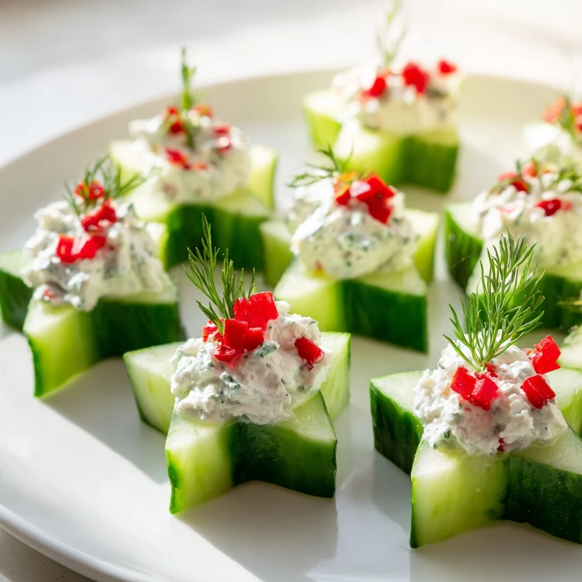 Close-up of elegant Cucumber and Dill Christmas Stars, depicting the creamy cheese filling and dill sprigs.