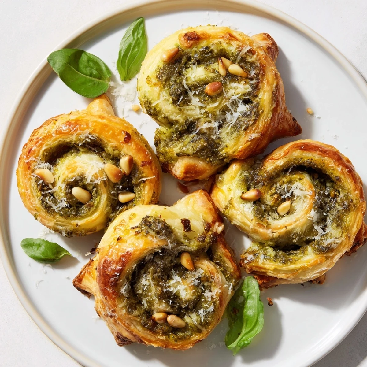 Golden, star-shaped pesto pinwheels, baked to perfection, smell amazing with fresh basil and Parmesan.