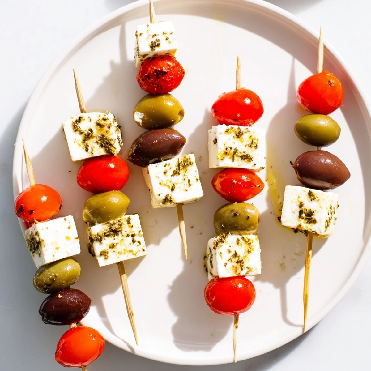 Festive Holiday Cheers Olive and Feta Skewers, a colorful appetizer arranged on a platter, ready to serve.